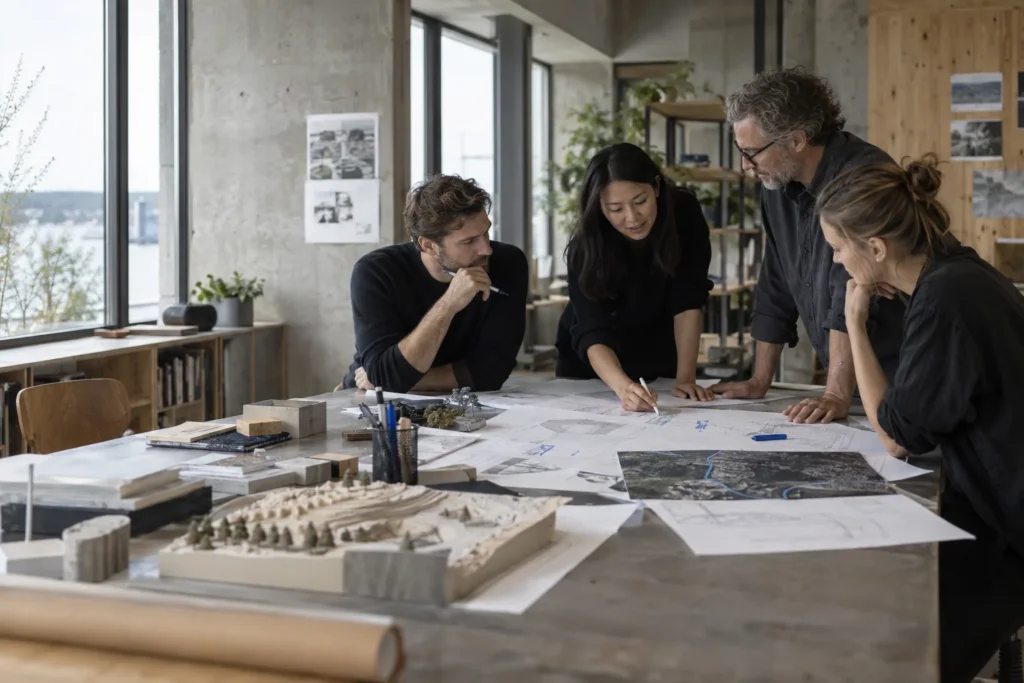 Nexora designers and engineers collaborating around system diagrams